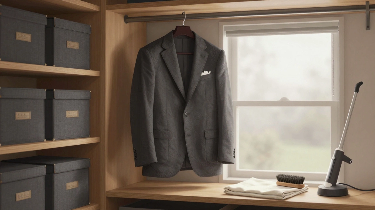 A well-cared-for wool suit hangs on a padded hanger in a dry Irish closet, with a brush and garment bag nearby.