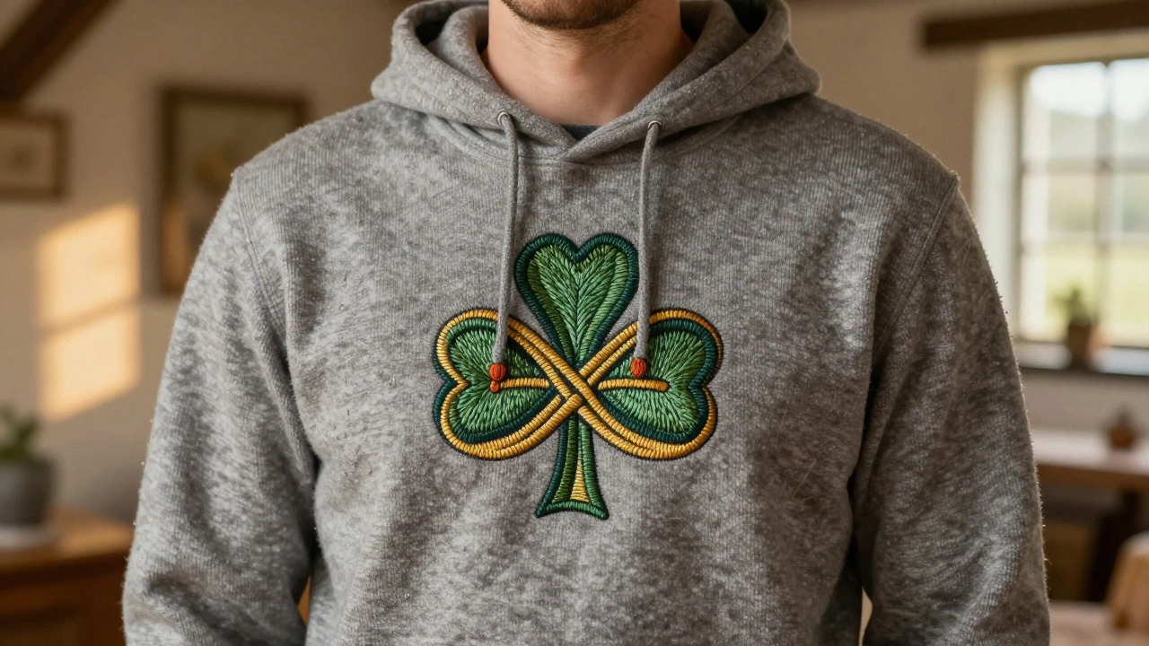 Close-up of an embroidered Claddagh hoodie made from Irish wool, with raindrops on the fabric and warm interior light.