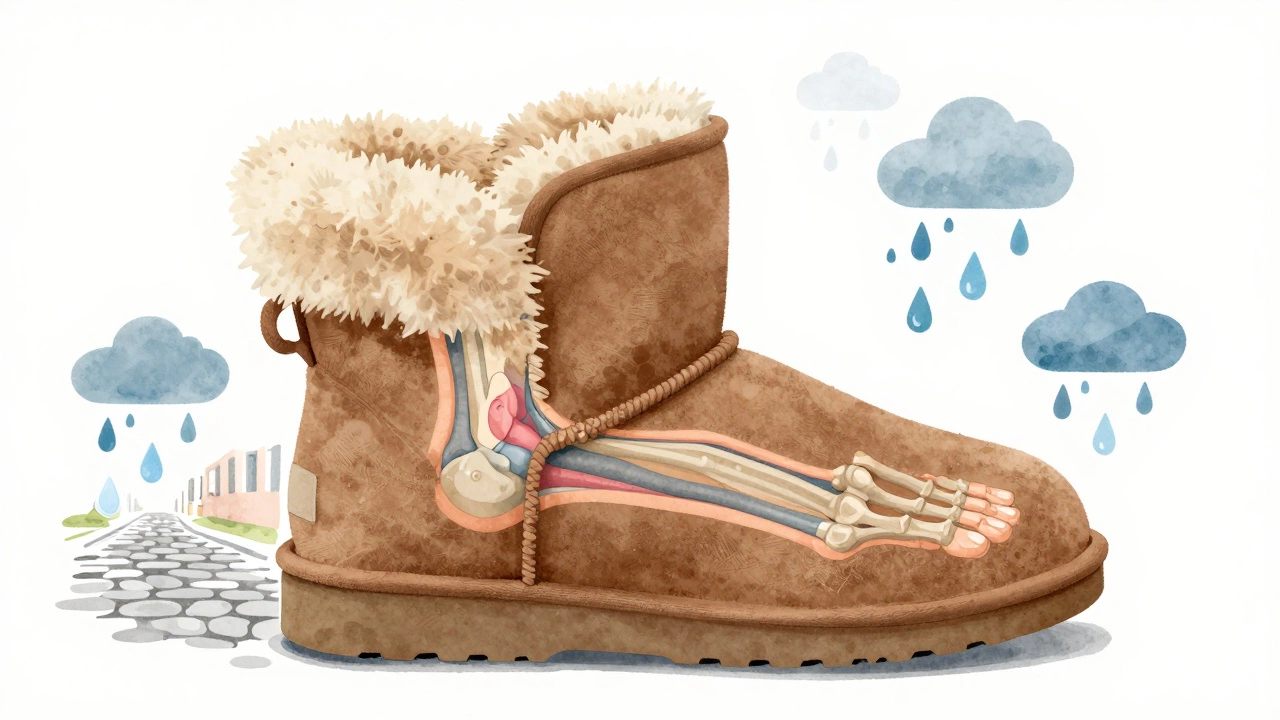 Cross-section of a flattened UGG sole showing strained foot anatomy amid Irish rain and cobblestones.