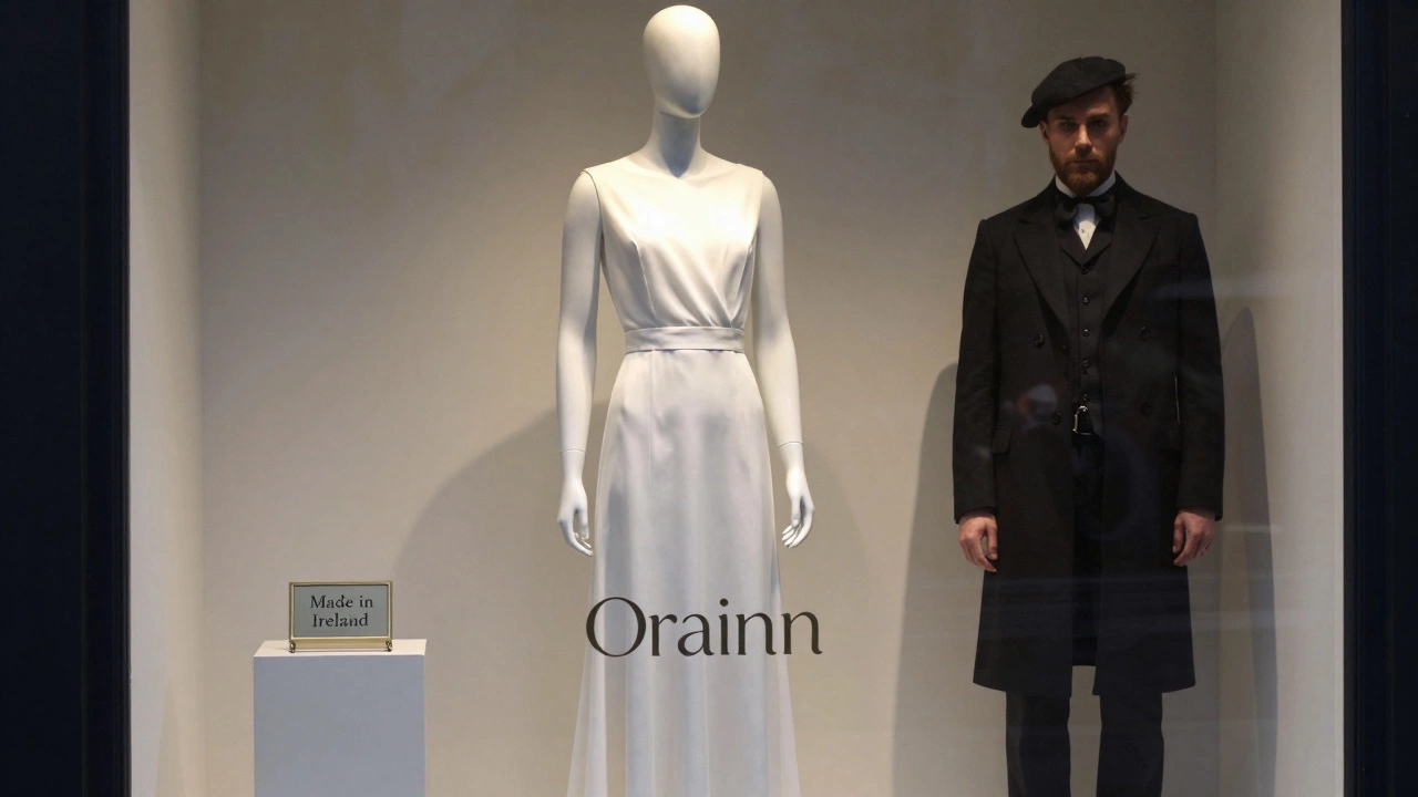 Dublin boutique window with Irish-designed dress beside royal-style mannequin, farmer's shadow in reflection.