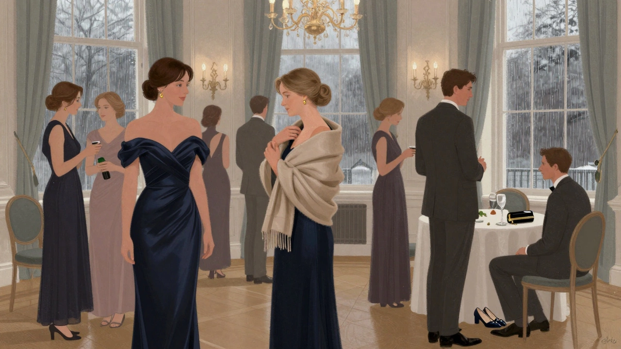 Guests in muted evening wear at Dublin’s National Gallery, soft chandeliers, rain on windows, cashmere shawl and low heels.