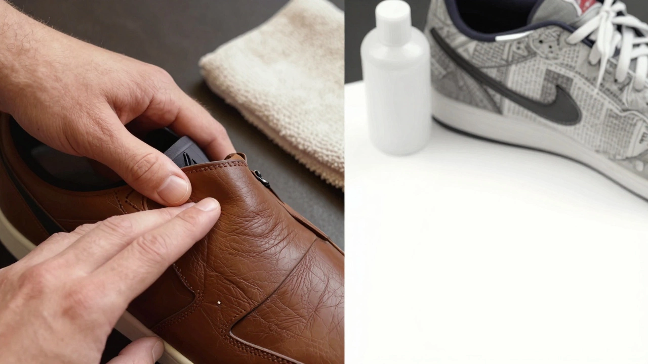 Hand pressing leather vs synthetic shoe material, showing texture difference.