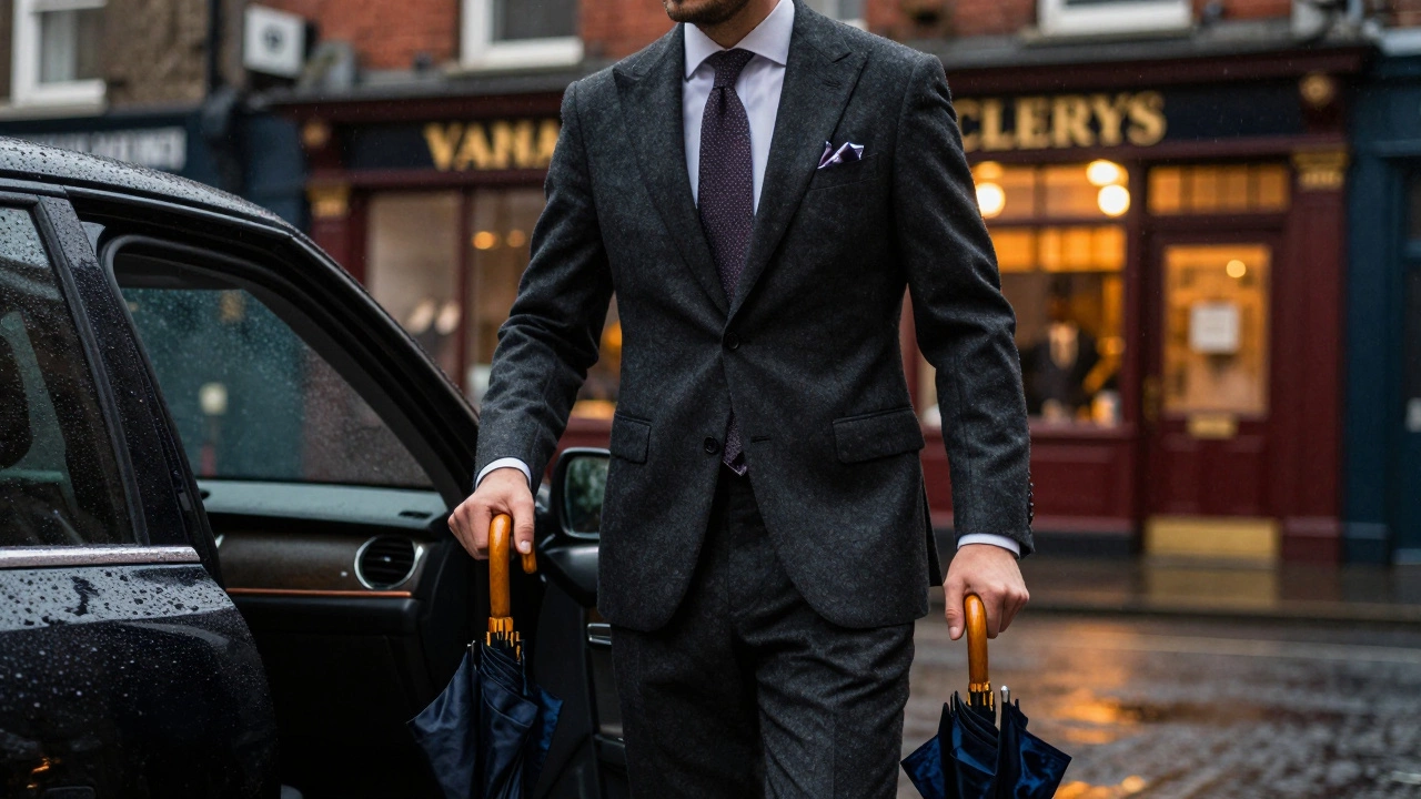 Man in tailored suit stepping out of car in rainy Dublin, holding umbrella and velvet jacket, Clerys facade glowing in background.