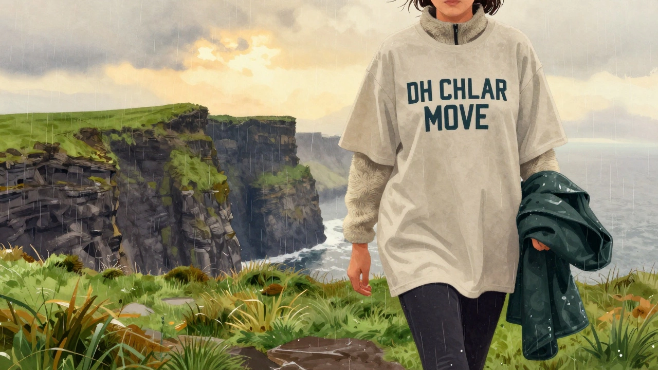 Person walking along the Cliffs of Moher in a light rain wearing a loose, oversized t-shirt with a fleece layer.