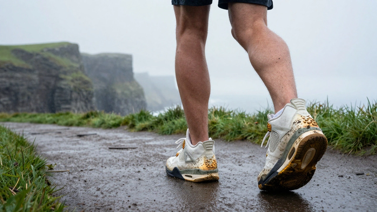 Runner walking at Cliffs of Moher with mud-splashed leather Air Jordans.