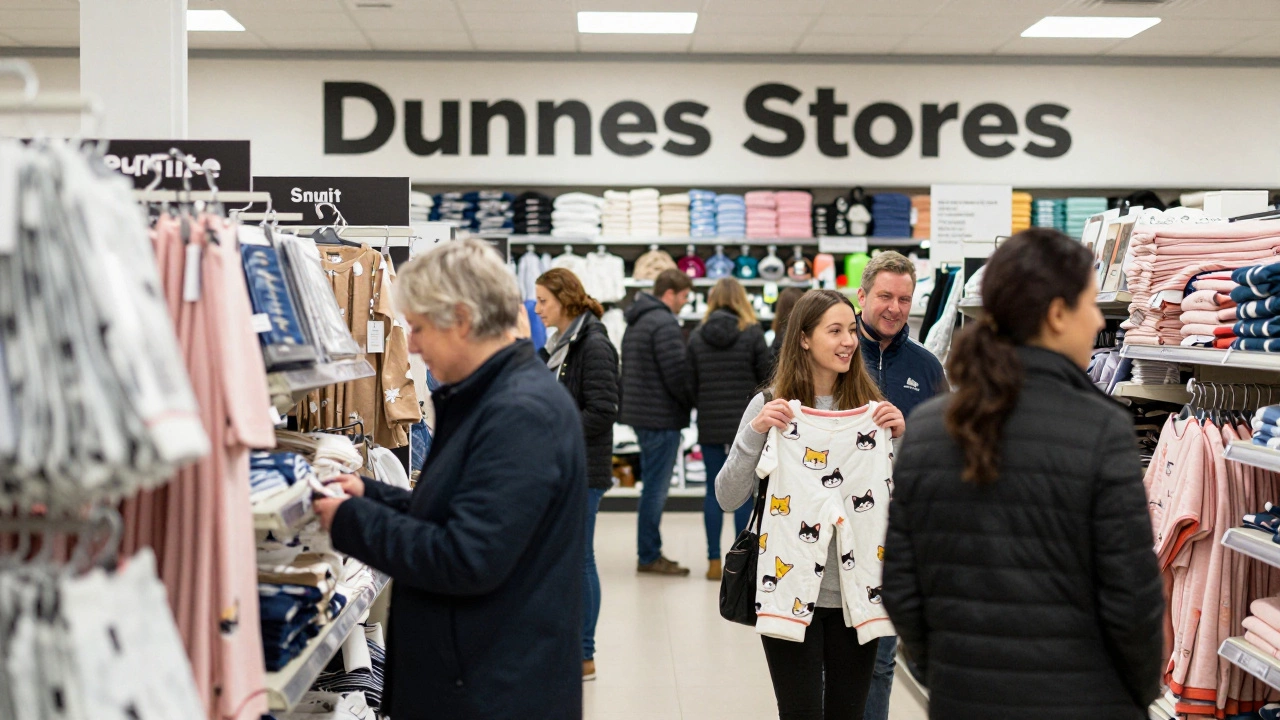 Shoppers browsing pyjamas at Dunnes Stores in Cork, with clear labeling and casual clothing.