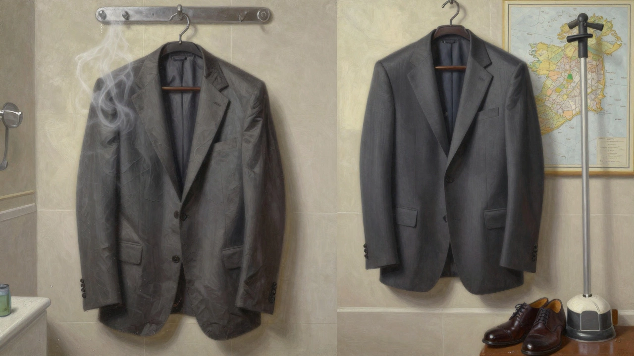 Split image: a damaged cheap suit vs. a durable wool suit, symbolizing longevity in Ireland's wet climate.