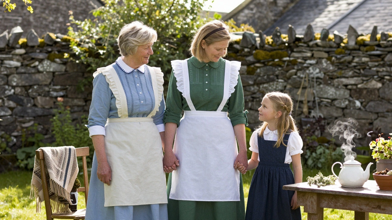 Three generations of Irish women in milkmaid dresses together in a cottage garden.
