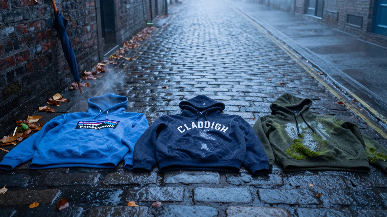 Three Irish-made hoodies on a wet cobblestone street at dawn, each showing different weather-resistant properties.