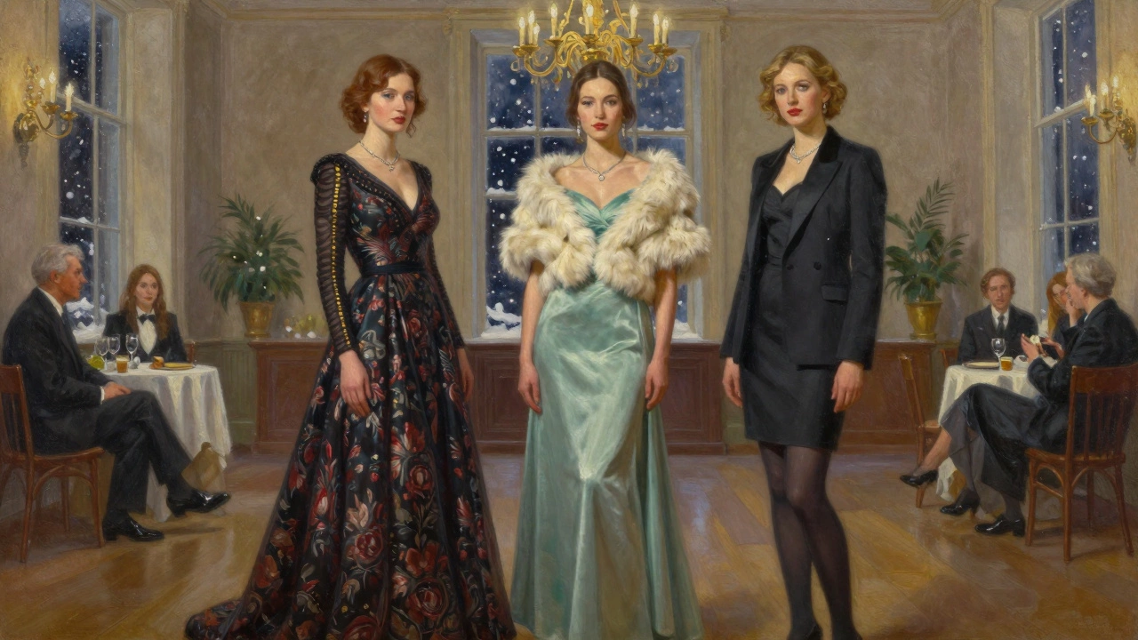 Three women in different evening styles at a gala, showcasing warmth and fashion in cold Irish weather.