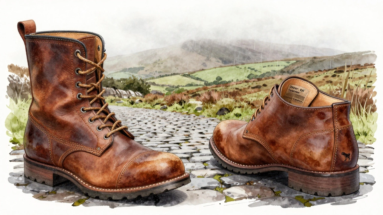 Traditional Irish cowhide boot next to a Hush Puppies shoe with visible material tag.