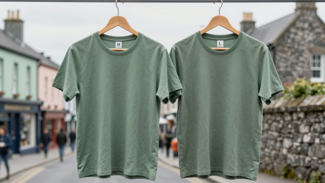 Two t-shirts on a hanger side by side, labeled M and L, with Irish landscape blurred in background.