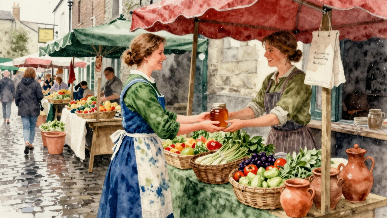 Woman in a hand-dyed milkmaid dress at a Kilkenny farmers' market, holding honey.