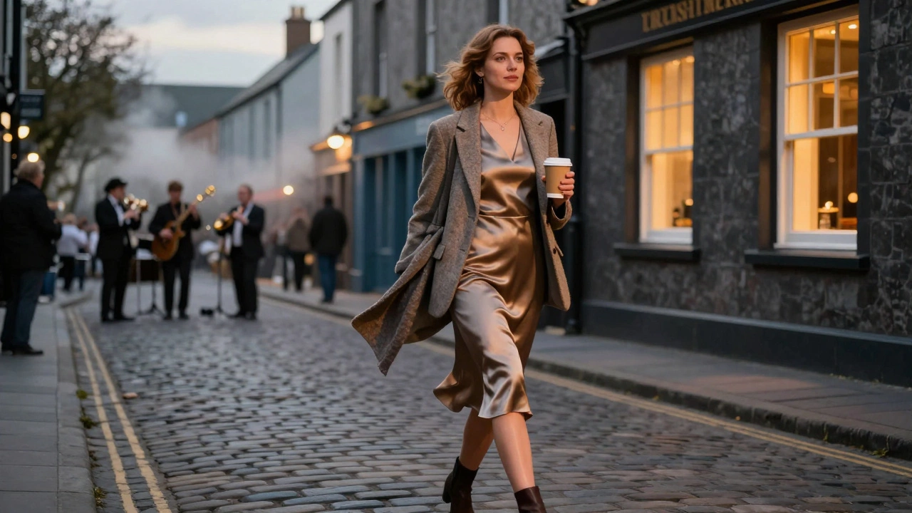 Woman in a knee-length dress and wool shawl walking through misty Galway streets at dusk.