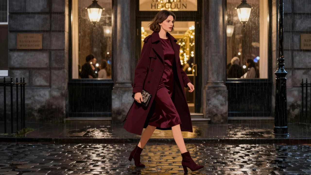 Woman walking on wet cobblestones in a short evening dress with a trench coat and ankle boots.