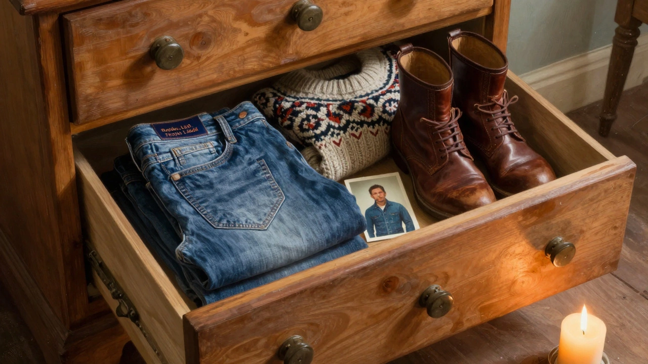 A family drawer containing luxury jeans, a wool sweater, and an old photo, lit by candlelight.