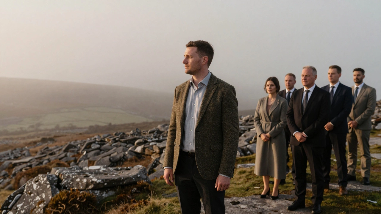 A groom in a tweed jacket and light grey shirt stands on a misty hill in County Clare at dawn.