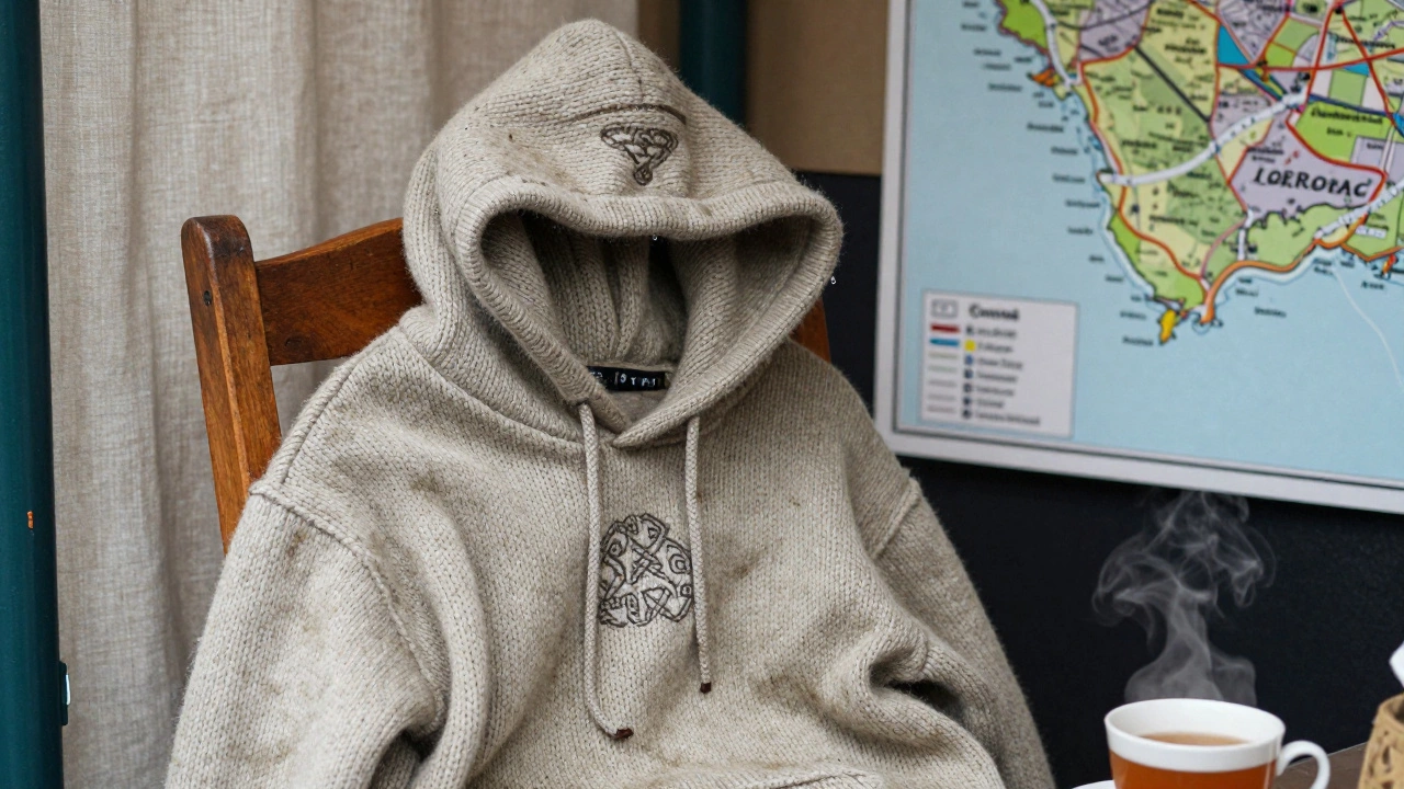 A hand-knitted wool hoodie with Celtic details resting on a chair at a craft market.