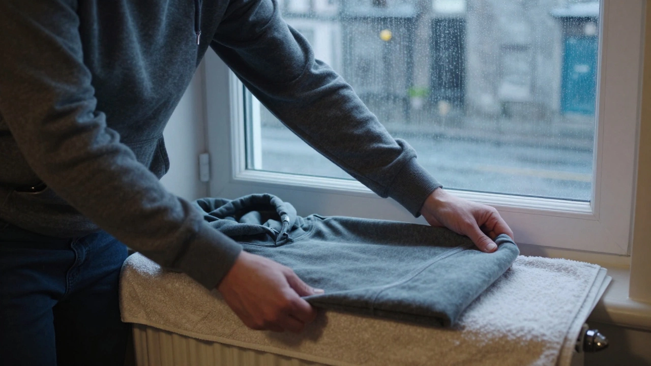 A person gently stretching a soaked hoodie flat on a towel near a radiator in a rainy Irish home.