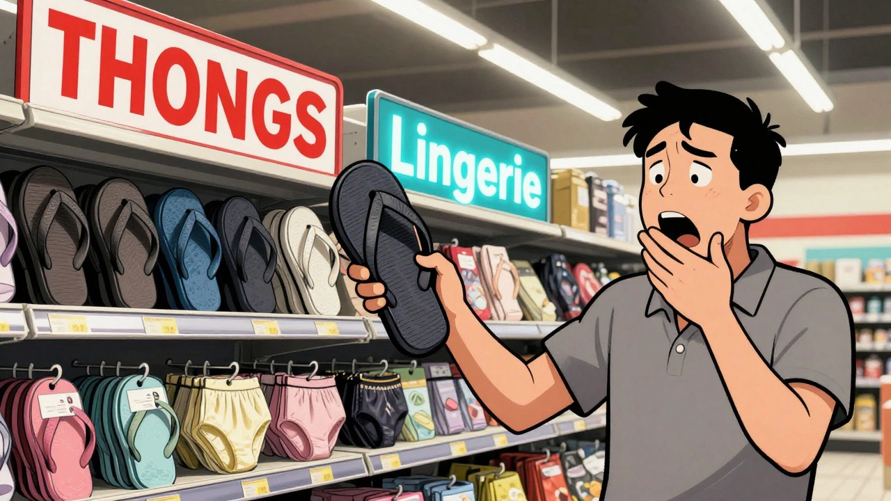 A shopper in an Irish store confused by a 'Thongs' sign next to underwear, while holding flip flops.