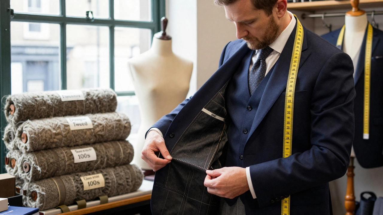 A tailor in Limerick inspecting the hand-stitched lining of a wool suit with Donegal Tweed fabric.