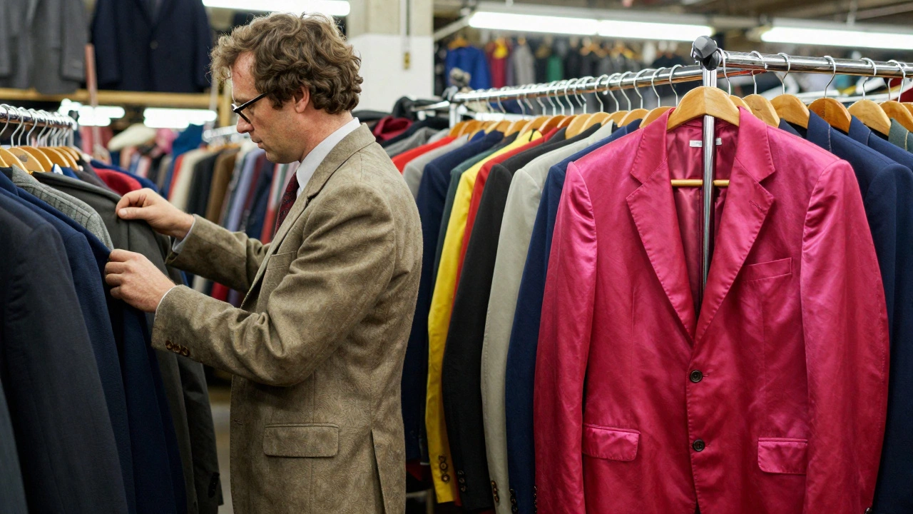 A vintage suit beside cheap synthetic suits in a Dublin thrift market, showing quality contrast.