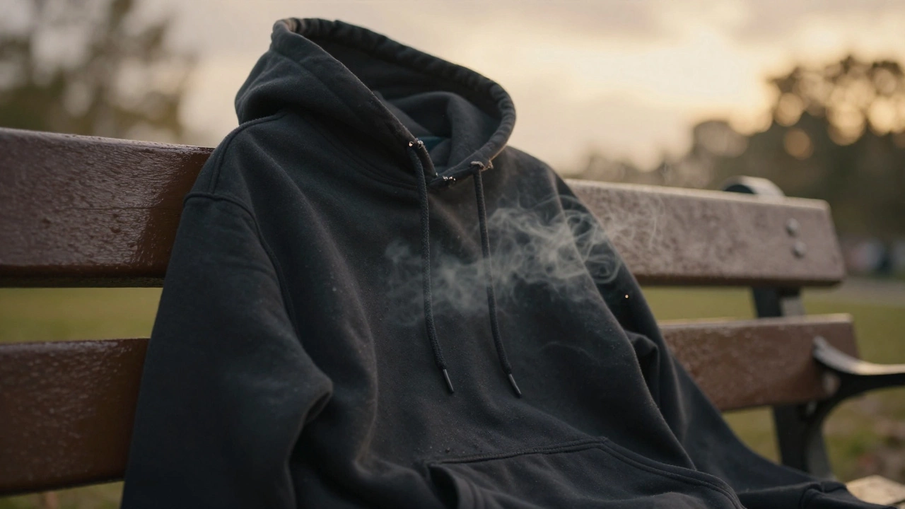 A worn black hoodie left on a park bench, frayed drawstring, with mist curling around it in golden evening light.