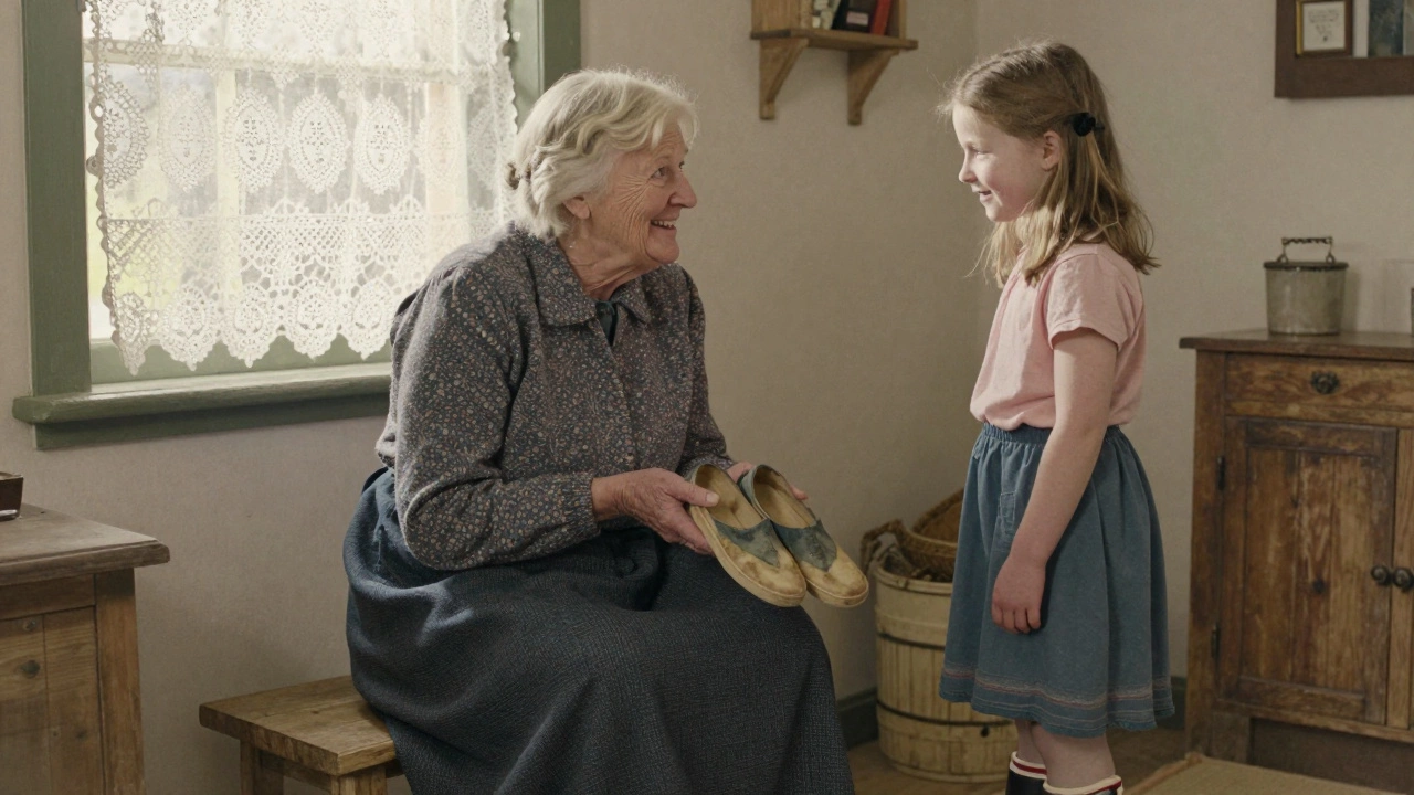 An elderly woman showing faded plimsolls to a girl wearing modern trainers in a cozy cottage.