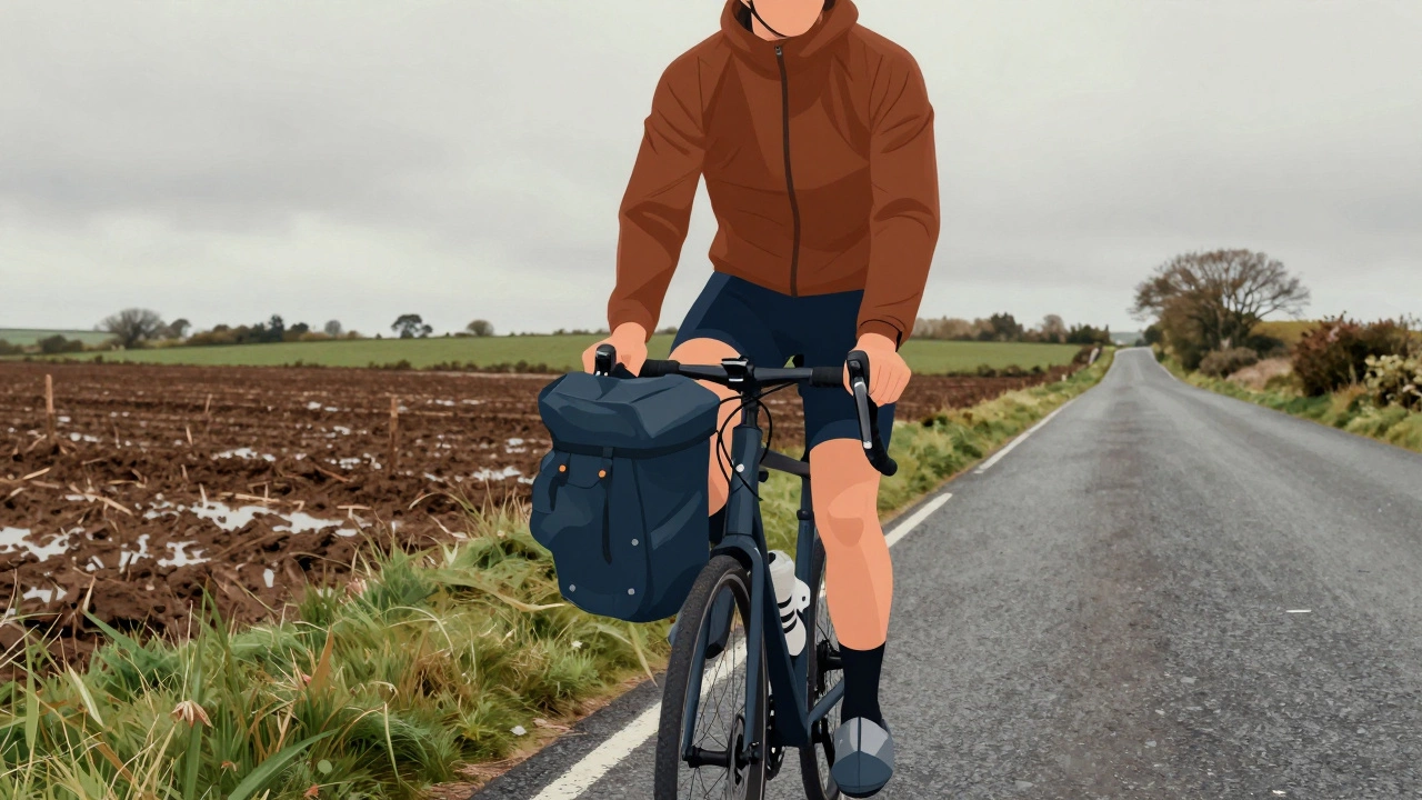 Cyclist on a rural Irish road dressed in windproof gear with waterproof shoe covers.