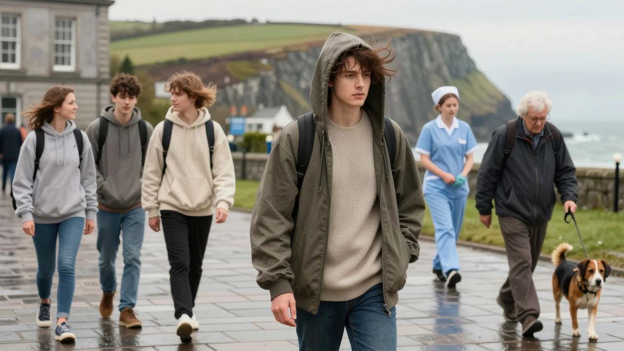 Diverse Irish people in baggy hoodies walking through urban and coastal scenes, layered for warmth in wet weather.