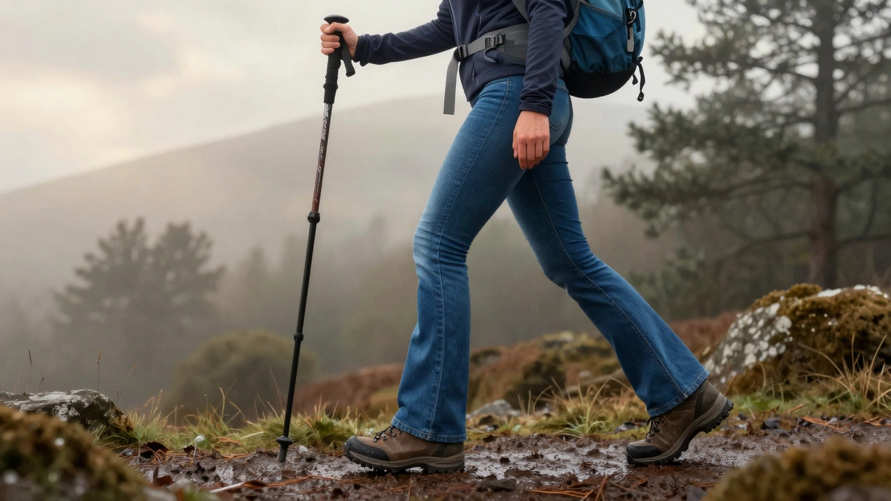 Hiker in Wicklow Mountains wearing flared jeans and thermal layers with hiking boots.