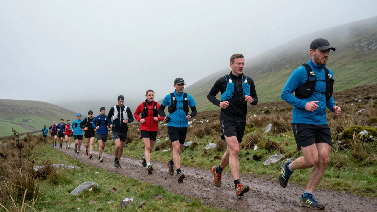 Irish runners on a misty trail wearing waterproof trainers, mud on soles, green hills in background.