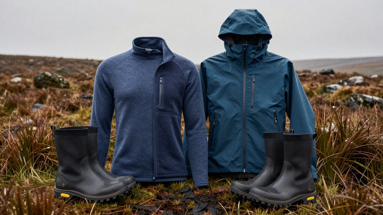 Layered activewear laid out on wet peat bog, showing functional gear for Irish weather.