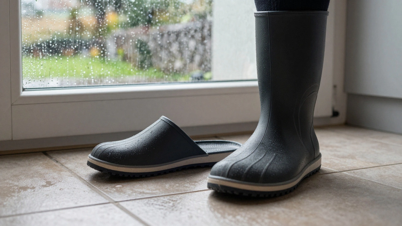 Rubber-soled slippers on a wet kitchen floor in Connemara, Ireland.