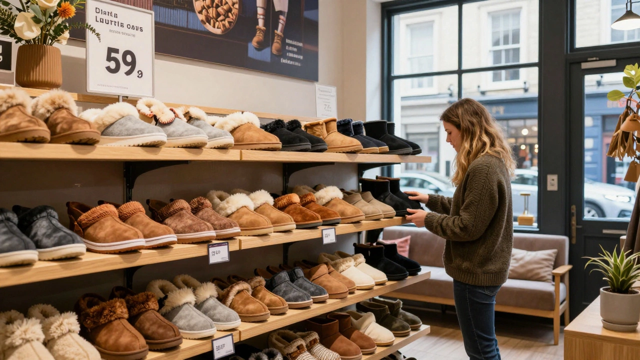 Shelves of fleece-lined slippers in a Dublin retail store.