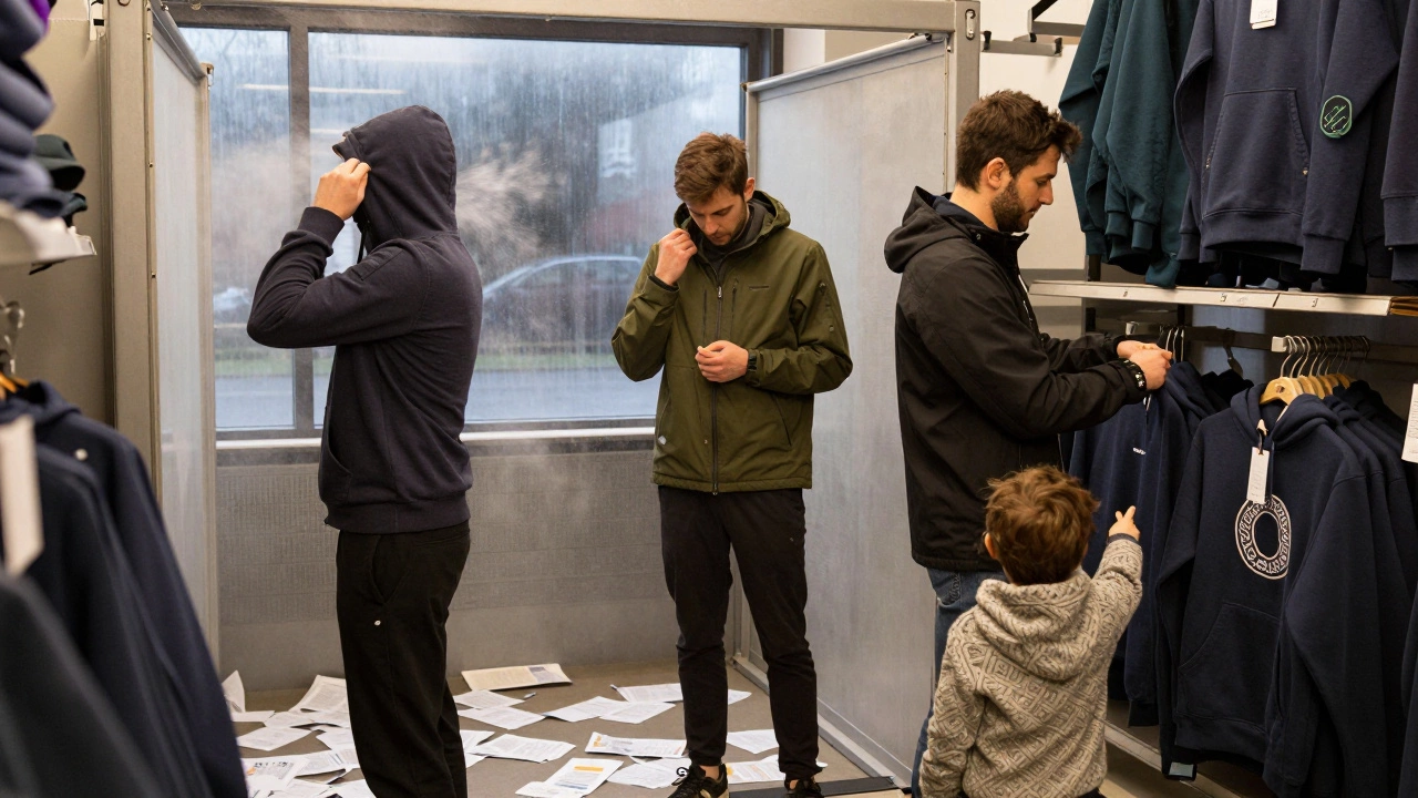 Shoppers testing hoodies in a Decathlon store in Dublin with wind simulation.