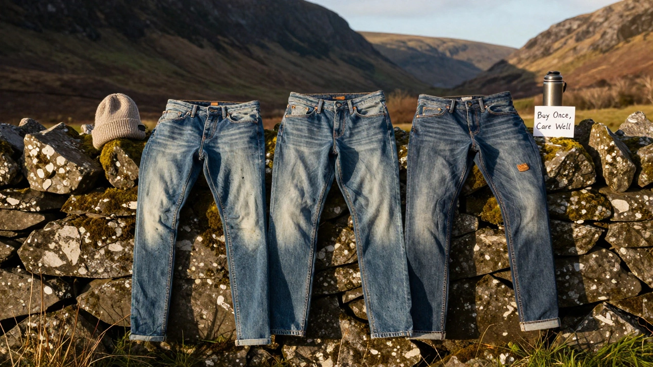 Three denim styles on a stone wall in Glendalough with repair patch and wool accessories.