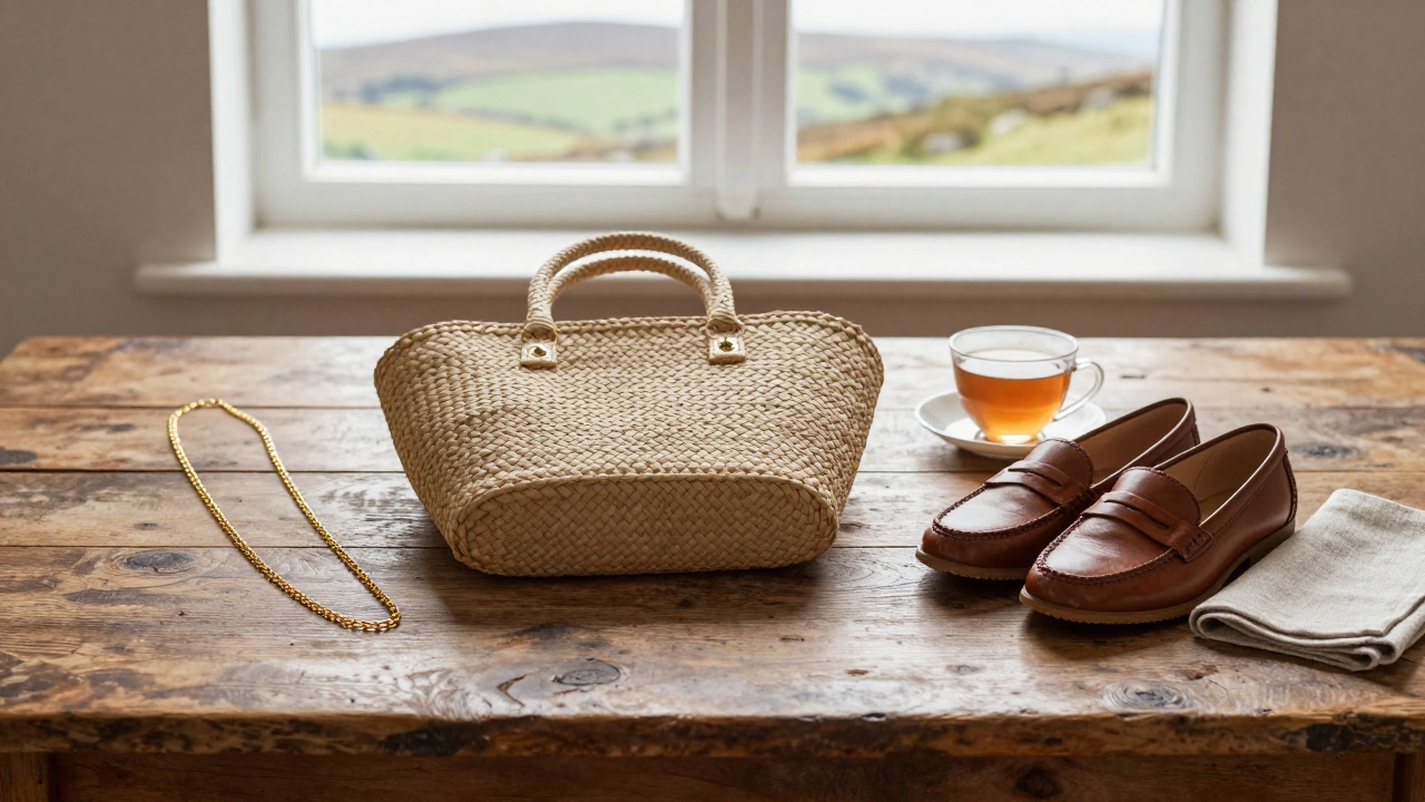 Three Irish summer essentials: gold chain, woven tote, and leather loafers on wooden table.