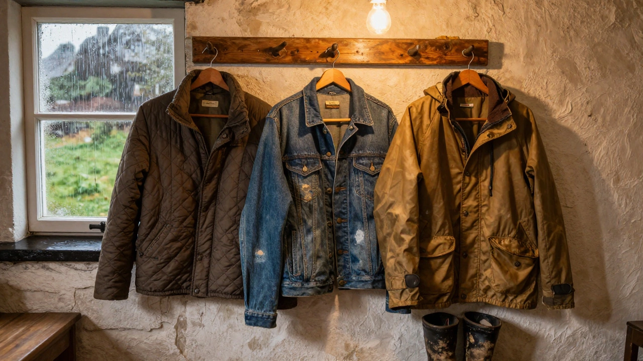 Three timeless Irish jackets hanging on a wooden rack in a cottage.