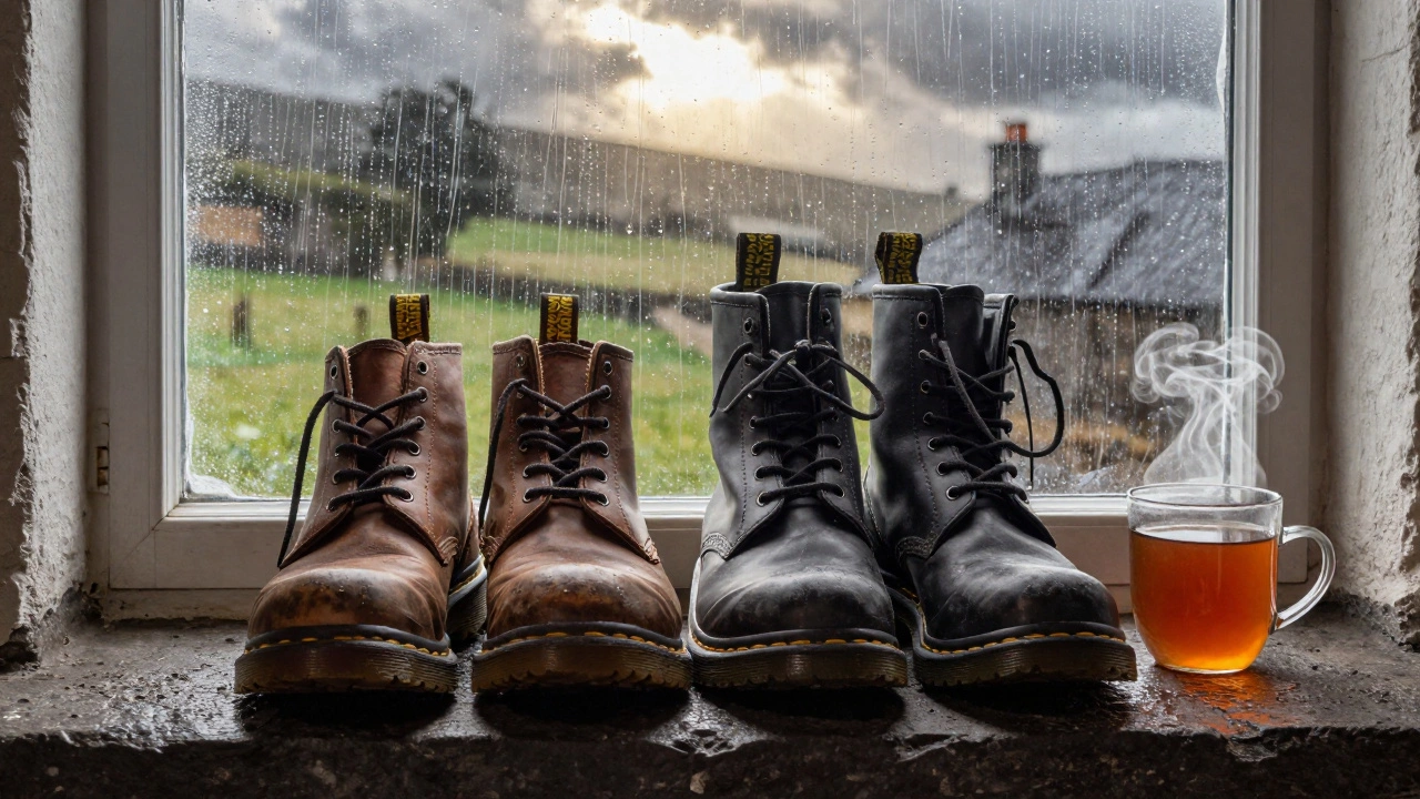 Three types of Irish work shoes on a windowsill with rain outside and a steaming tea mug nearby.