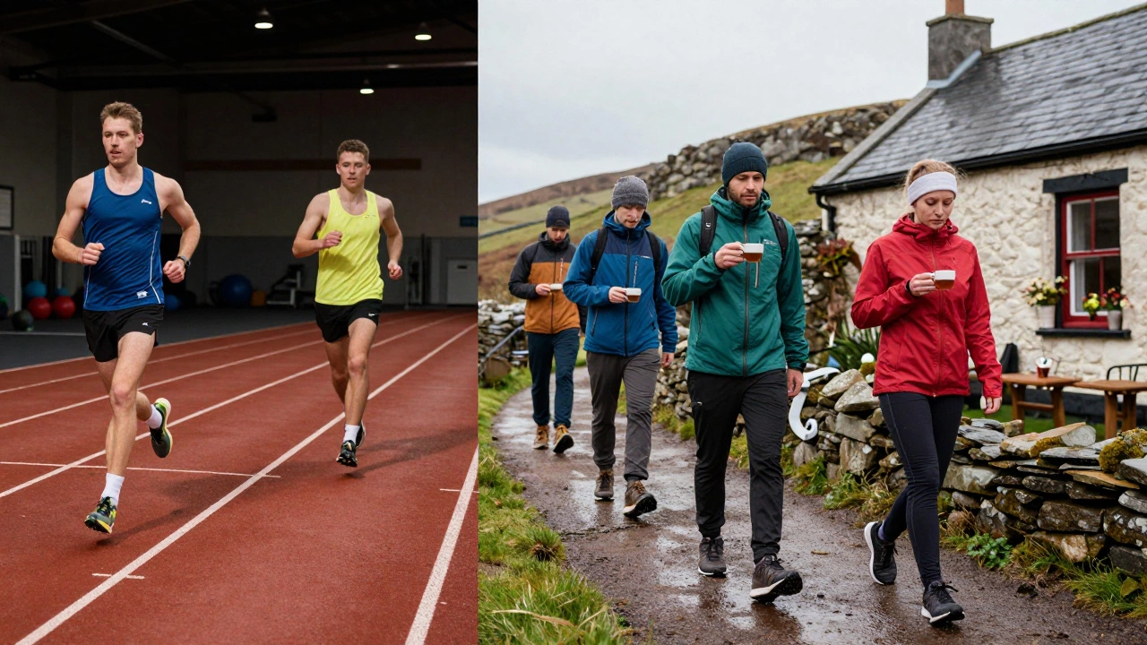 Two contrasting scenes: sportswear on a track vs. activewear on Irish trails, under the same overcast sky.