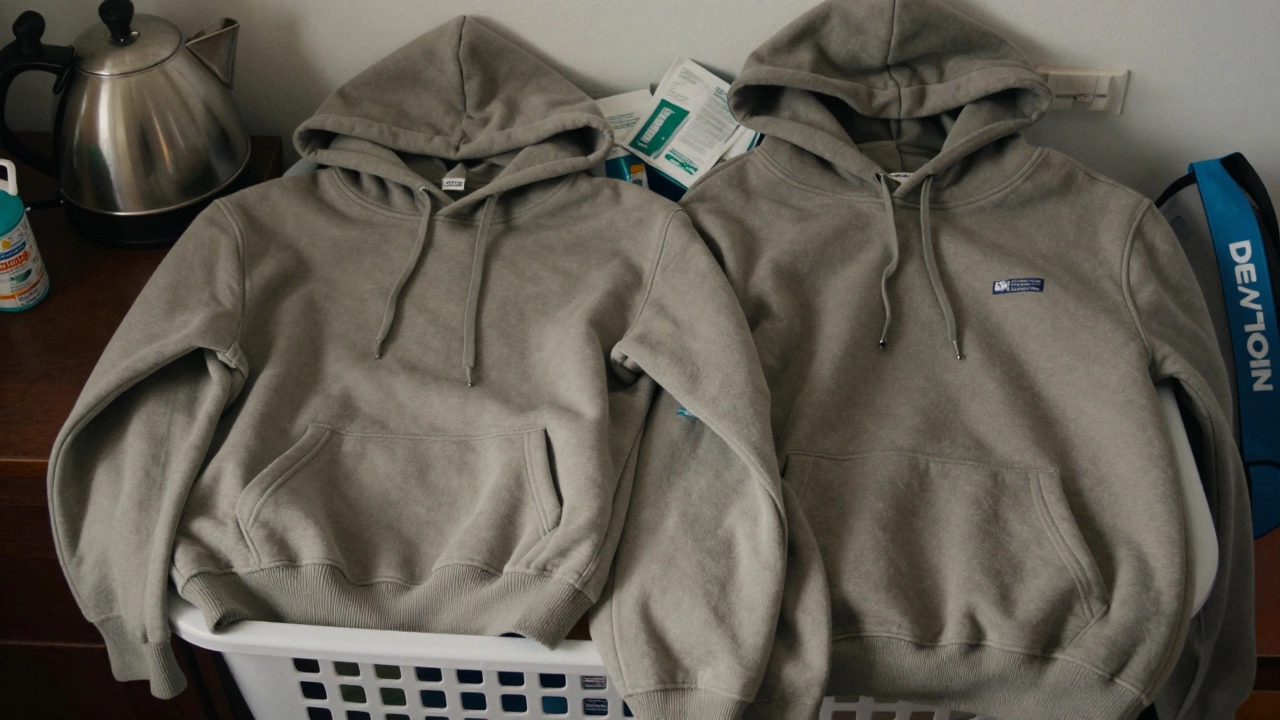 Two hoodies side by side—one shrunken, one intact—with care labels and Irish household items nearby.