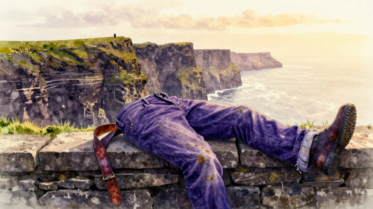 Worn designer jeans resting on a cliff edge at sunset, with a distant walker and mud-stained cuffs.