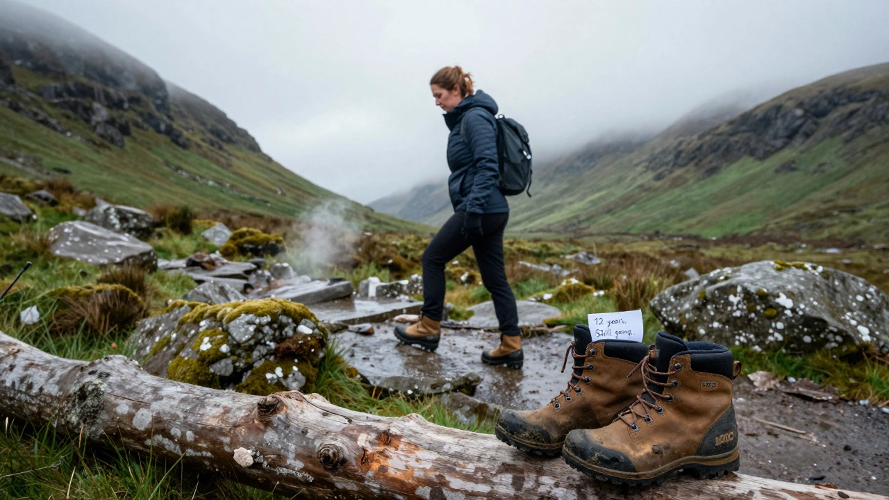 A hiker in the Ox Mountains wearing well-worn BOC boots, stepping confidently over mossy rocks under a soft Irish sky.