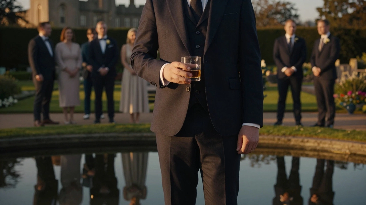 A man in a four-button jacket stands at Lismore Castle during a formal wedding, holding a whiskey glass at sunset.