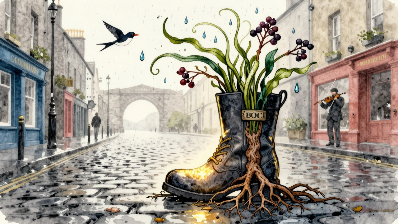 A single BOC boot standing on Galway cobblestones, surrounded by swirling rain, wind, and oak roots in a painterly Irish folklore style.