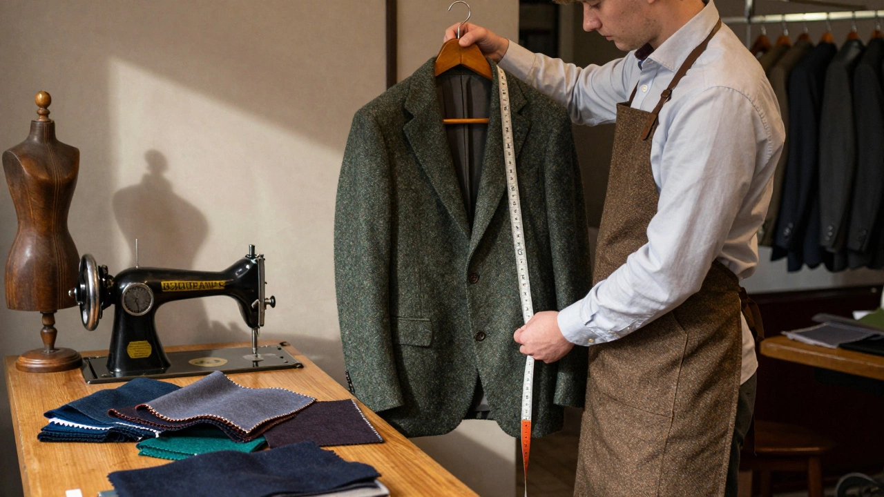 A tailor in Dublin measures a client for a bespoke four-button jacket made from Donegal tweed.