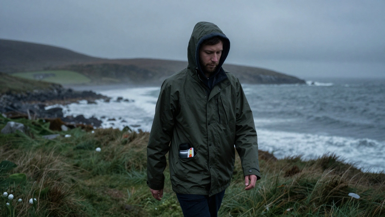 A walker on the Connemara coast wearing a cotton hoodie under a rain jacket at dusk.