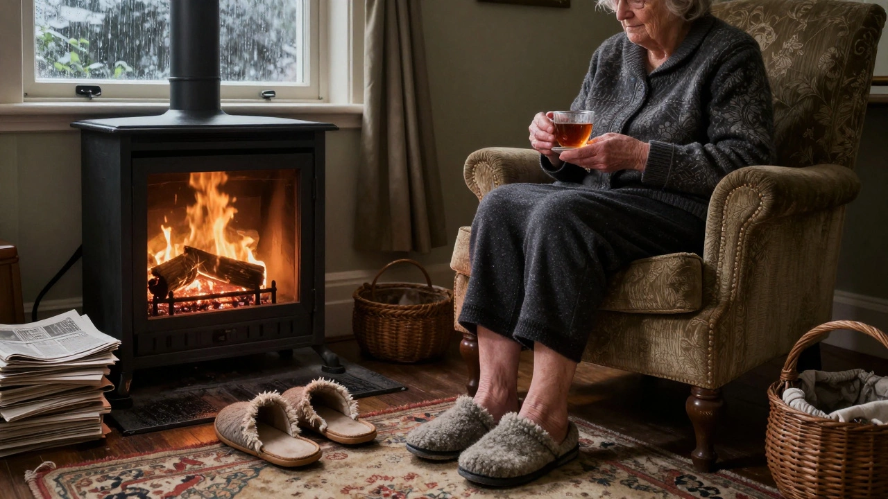 An elderly woman in an Irish living room wearing snug wool slippers by the fireplace, old worn slippers nearby.