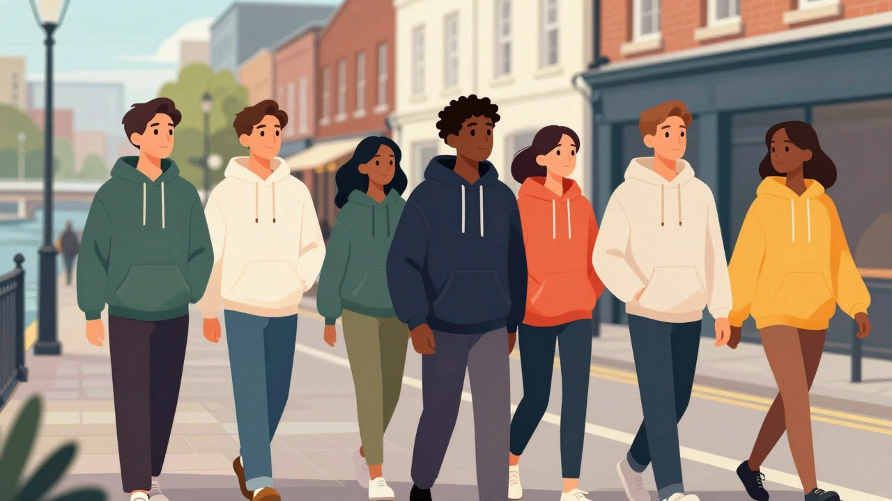 Casual streetwear style in urban Irish setting with hood up.